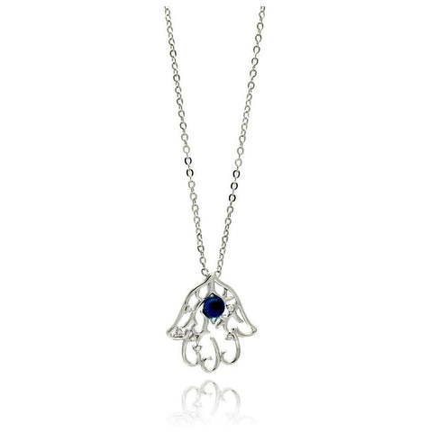 Rhodium Plated Brass Hamsa Hand Blue Cz Pendant Necklace