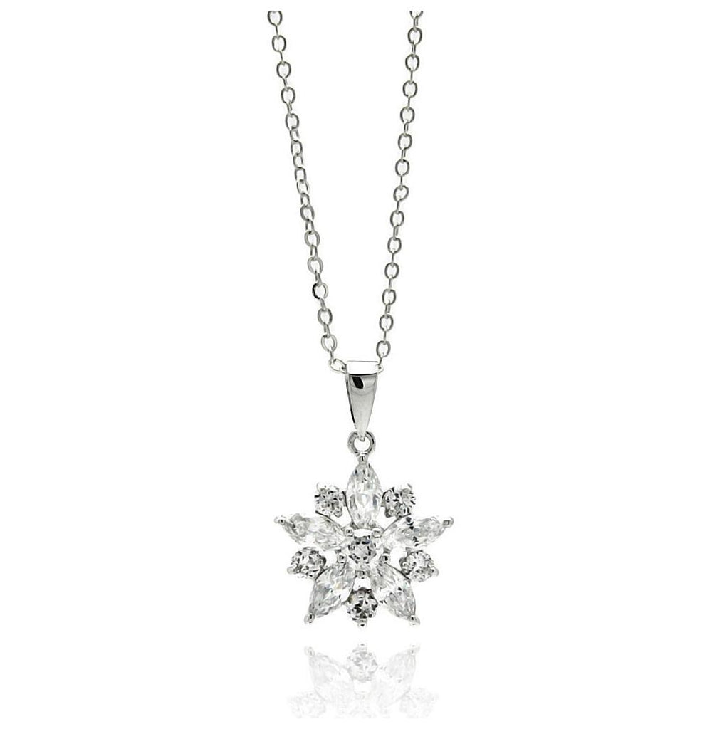 Rhodium Plated Brass Snowflake Flower Clear Cz Pendant Necklace