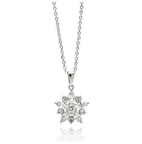 Rhodium Plated Brass Snowflake Flower Clear Cz Pendant Necklace