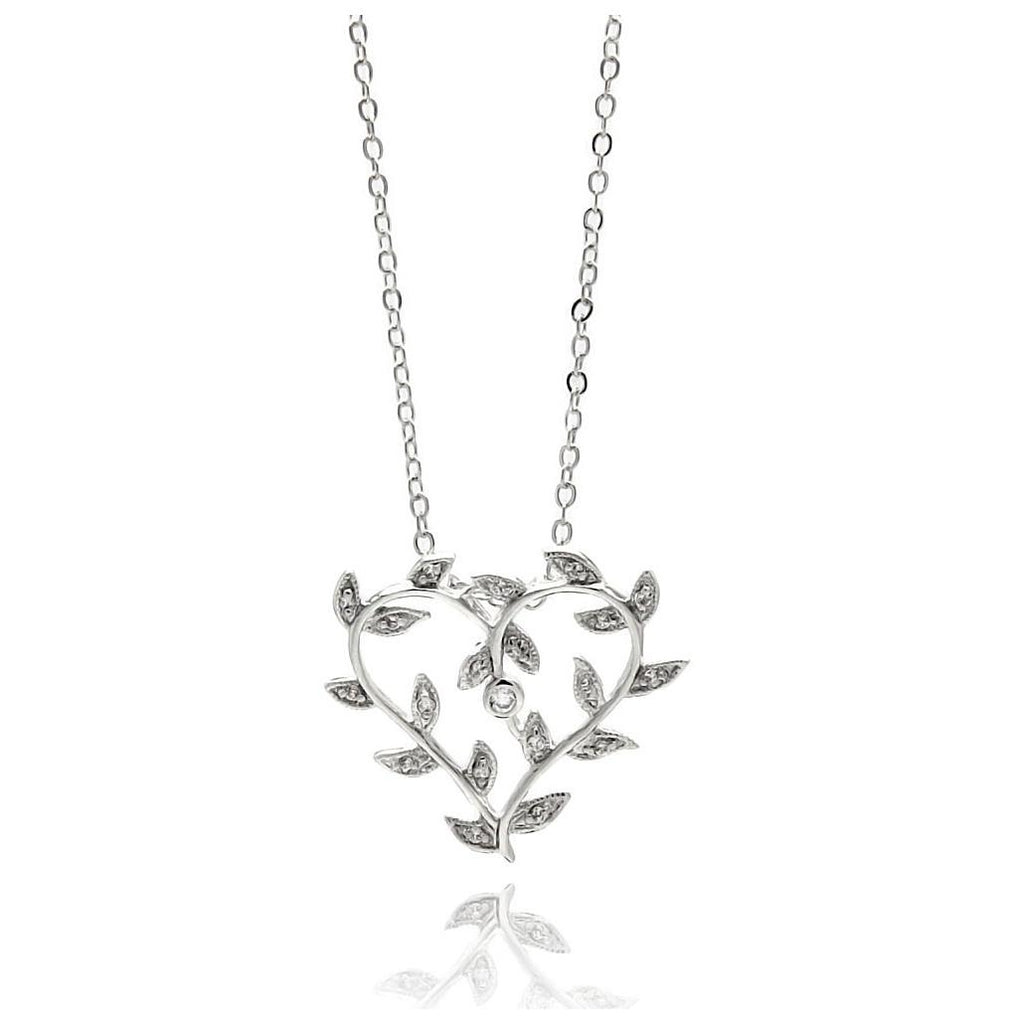 Rhodium Plated Brass Leaf Vine Open Heart Clear Cz Pendant Necklace