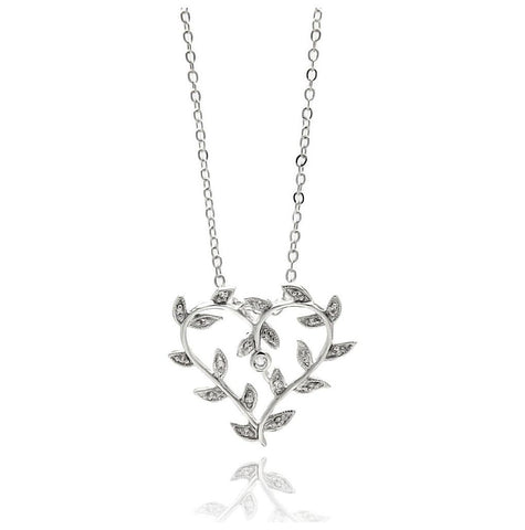 Rhodium Plated Brass Leaf Vine Open Heart Clear Cz Pendant Necklace