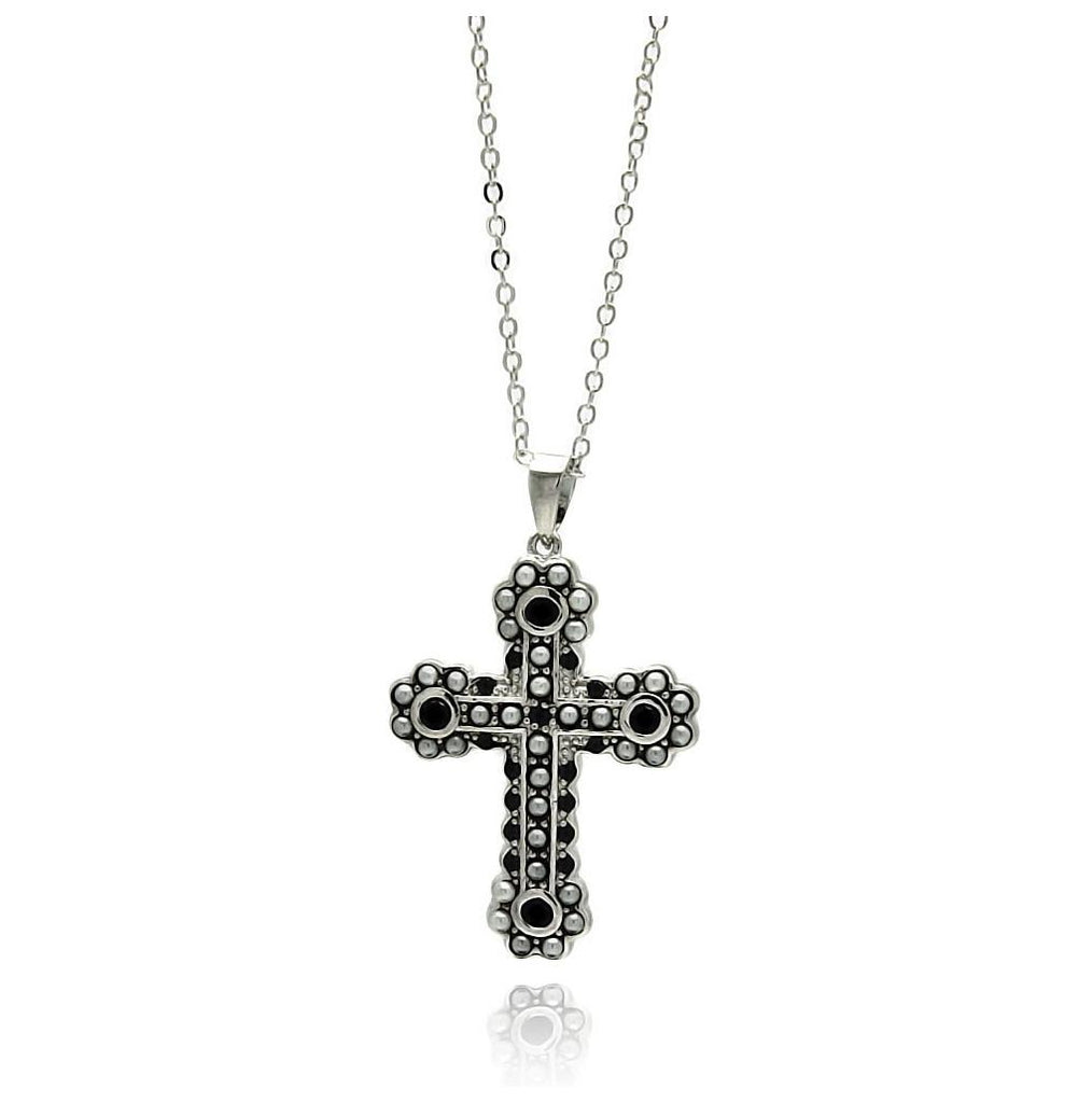 Rhodium & Black Rhodium Plated Cross Brass Black Cz Pendant Necklace