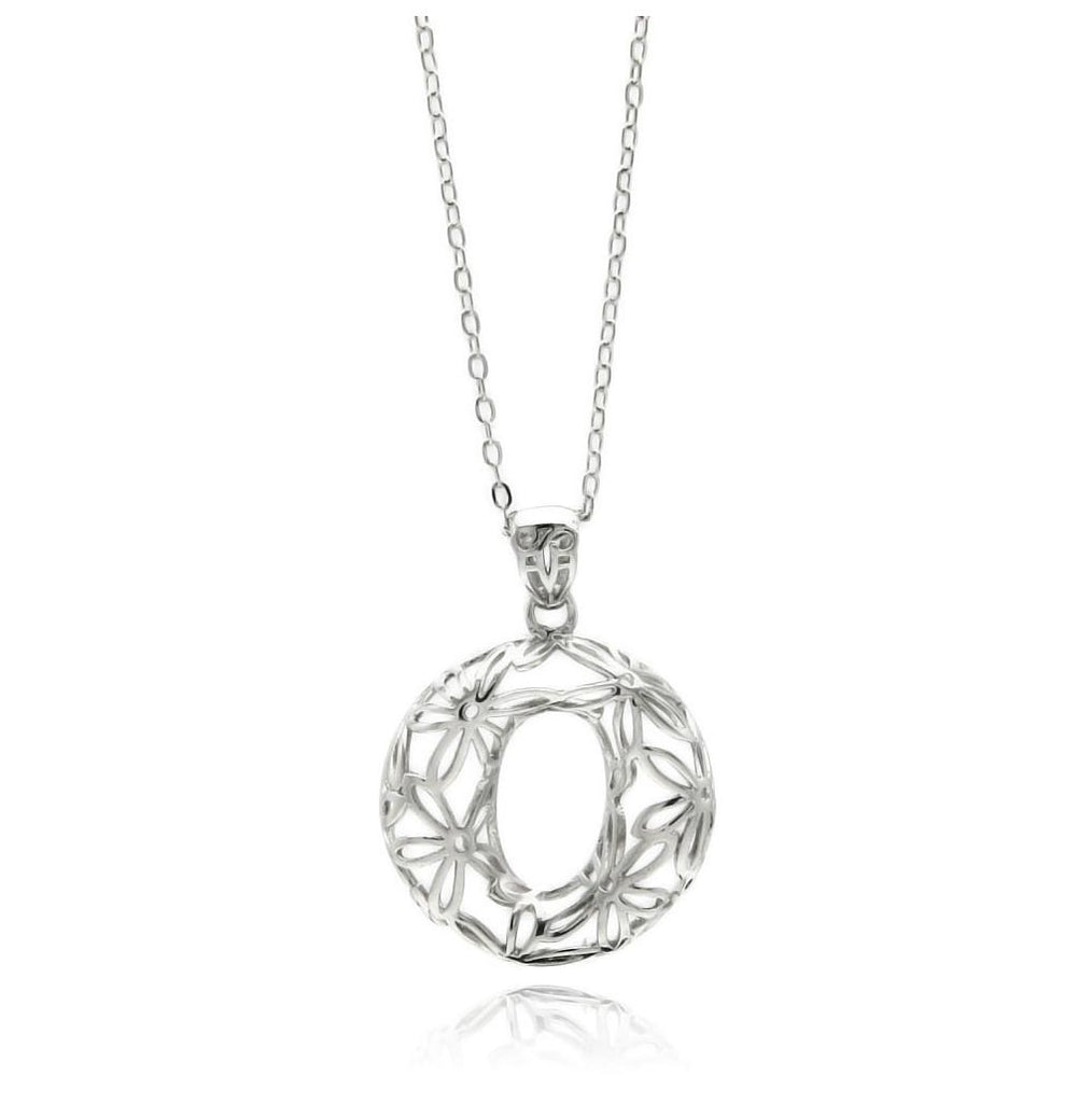 Rhodium Plated Brass Open Flower Outline Disc Pendant Necklace