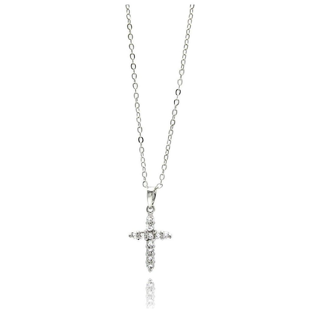 Rhodium Plated Brass Mini Cross Clear Cz Pendant Necklace