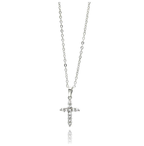 Rhodium Plated Brass Mini Cross Clear Cz Pendant Necklace