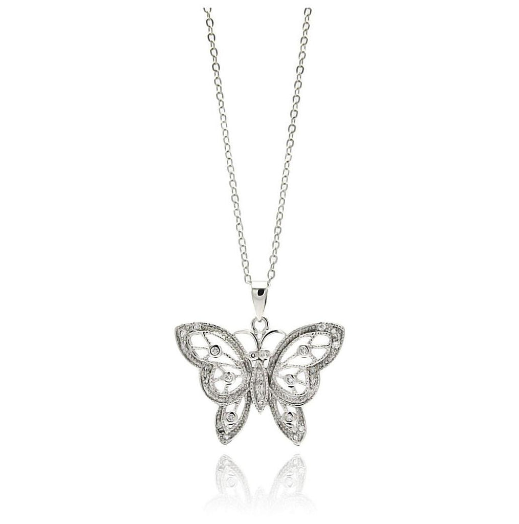 Rhodium Plated Brass Butterfly Clear Cz Pendant Necklace