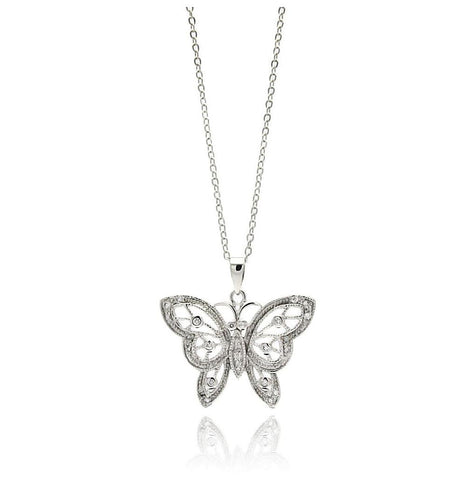 Rhodium Plated Brass Butterfly Clear Cz Pendant Necklace