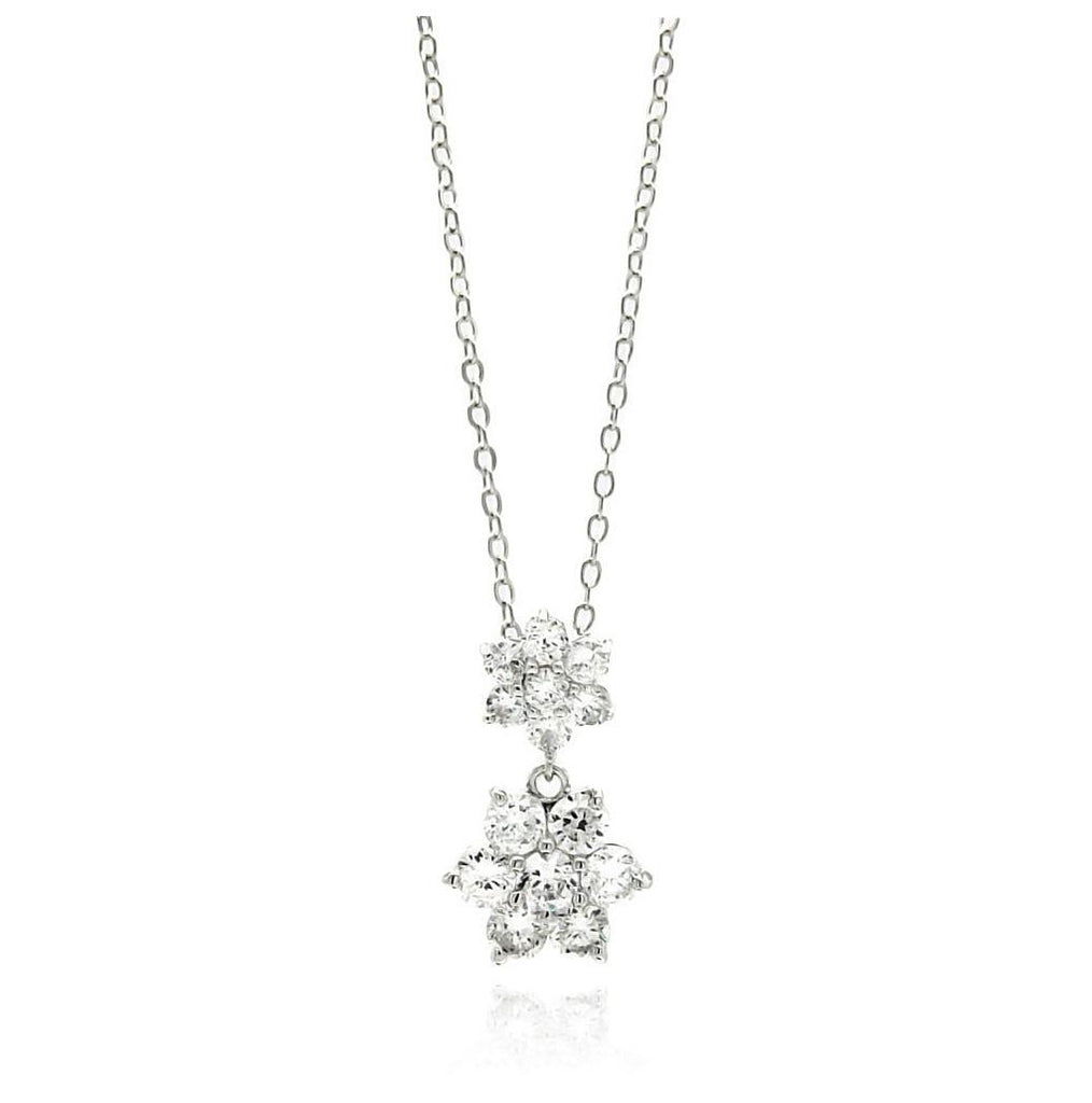 Rhodium Plated Brass Double Hanging Flower Clear Cz Pendant Necklace