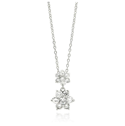 Rhodium Plated Brass Double Hanging Flower Clear Cz Pendant Necklace