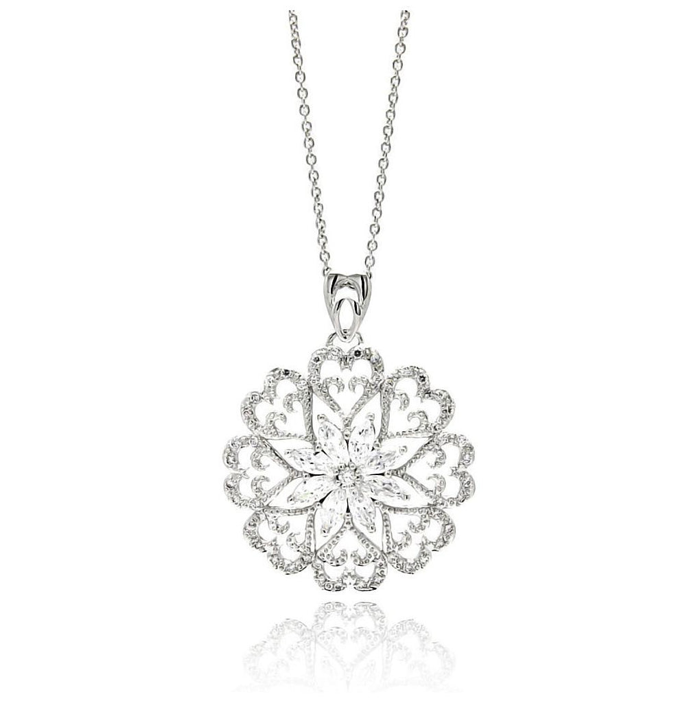 Rhodium Plated Brass Open Flower Disc Clear Cz Pendant Necklace