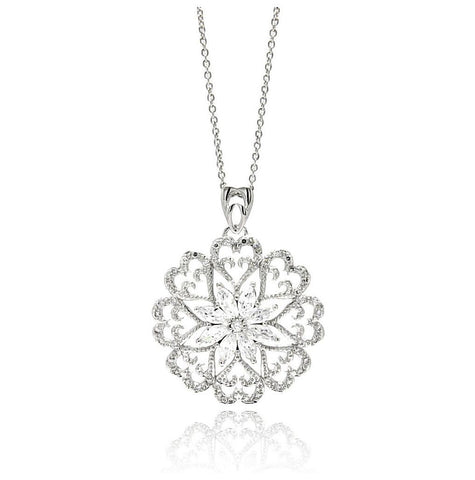 Rhodium Plated Brass Open Flower Disc Clear Cz Pendant Necklace