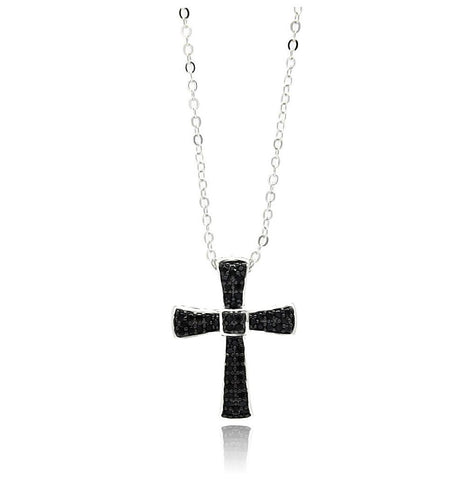 Rhodium & Black Rhodium Plated Brass Cross Pave Set Black Cz Pendant Necklace