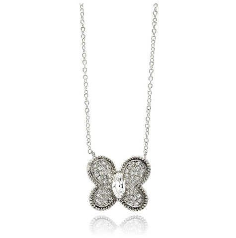 Rhodium Plated Brass Round Butterfly Clear Cz Pendant Necklace