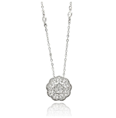 Rhodium Plated Brass Flower Disc Clear Cz Pendant Necklace