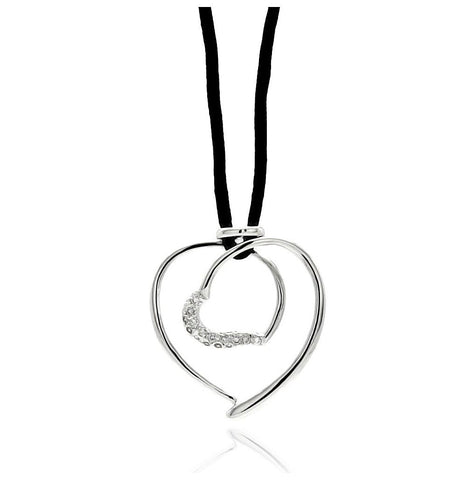 Rhodium Plated Brass Open Heart Clear Cz Black Cord Pendant Necklace