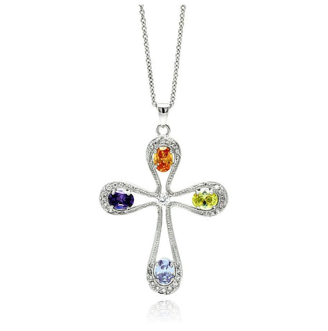 Rhodium Plated Brass Open Cross Multi Colored Cz Pendant Necklace