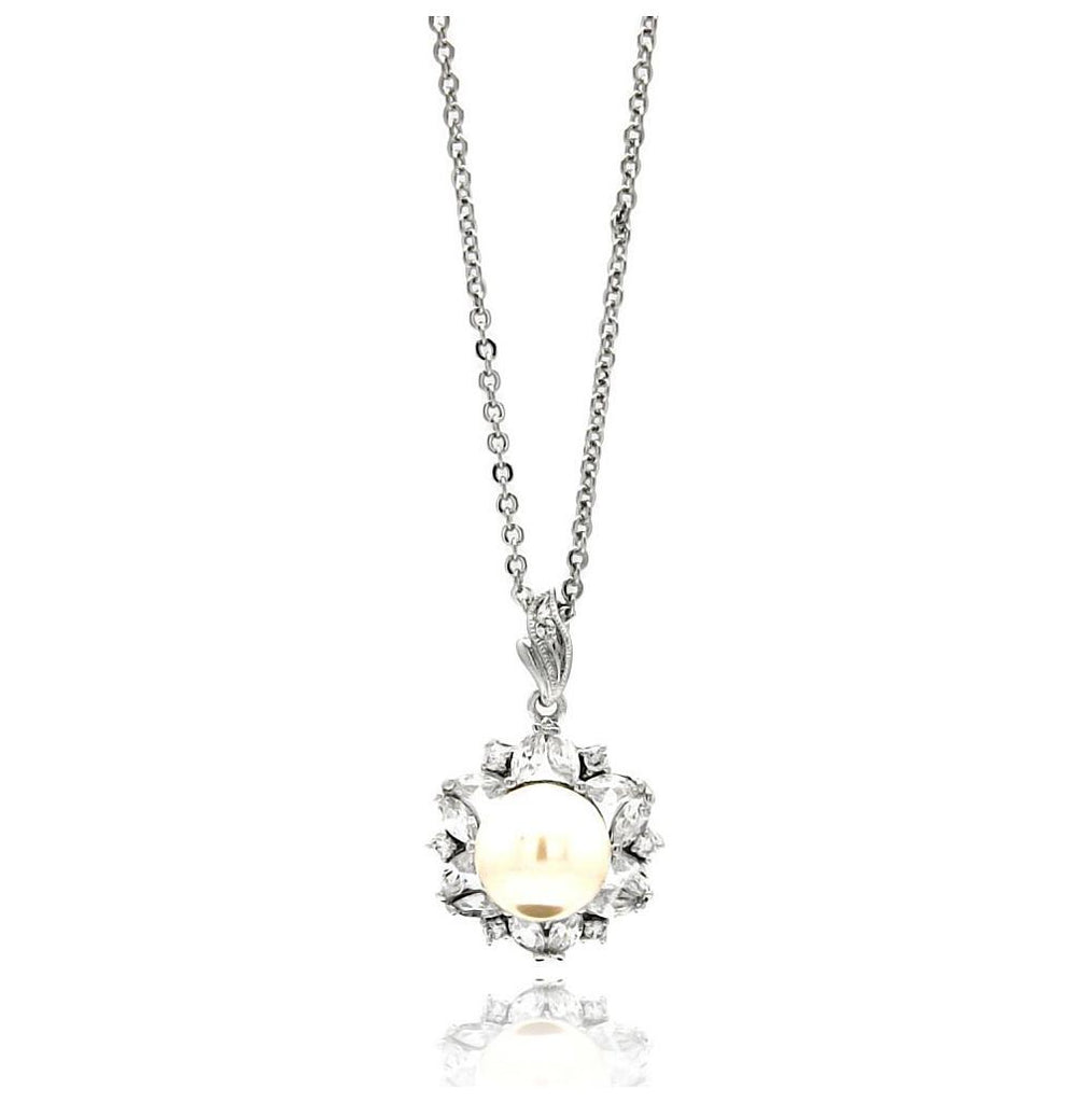 Rhodium Plated Brass Pearl Flower Clear Cz Pendant Necklace