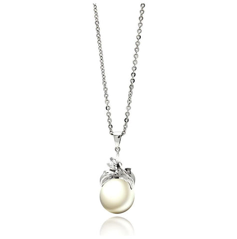 Rhodium Plated Brass Pearl Drop Clear Cz Pendant Necklace