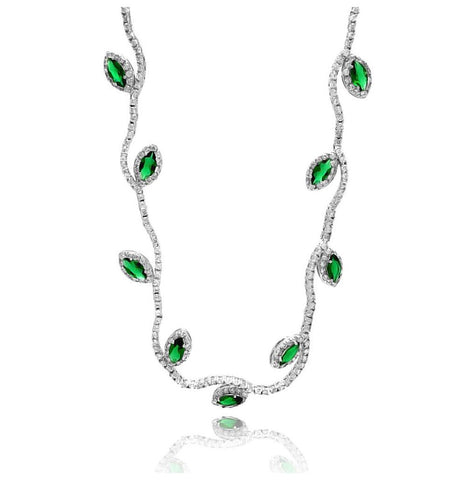 Rhodium Plated Brass Leaf Green Cz Necklace