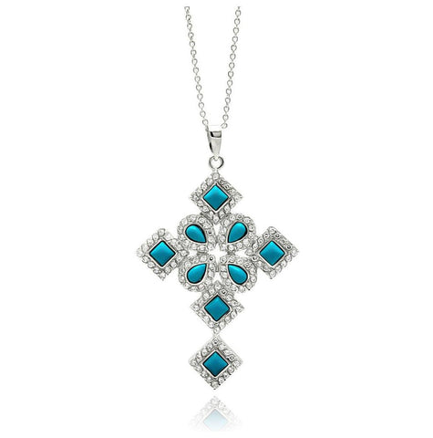 Rhodium Plated Brass Pointed Turquoise Cross Clear Cz Pendant Necklace