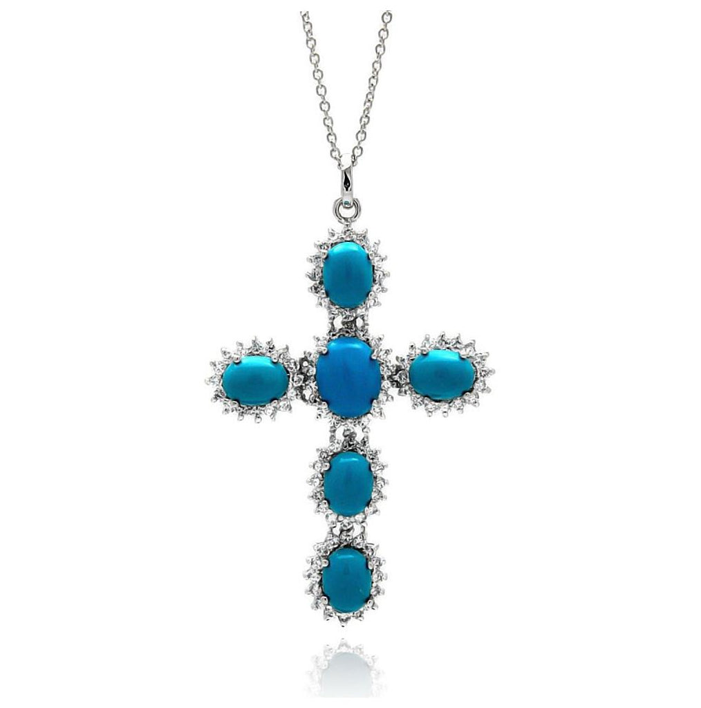 Rhodium Plated Brass Oval Turquoise Cross Clear Cz Pendant Necklace