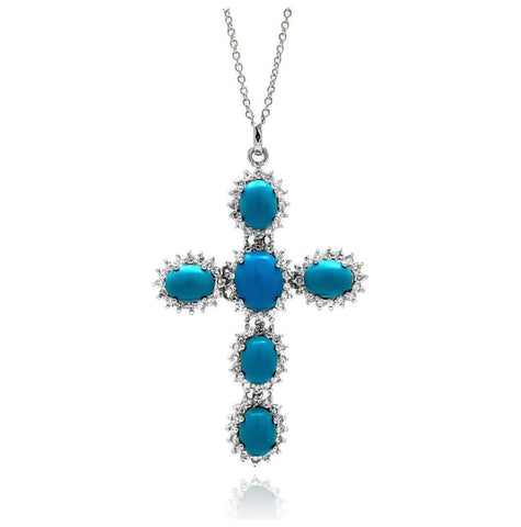 Rhodium Plated Brass Oval Turquoise Cross Clear Cz Pendant Necklace