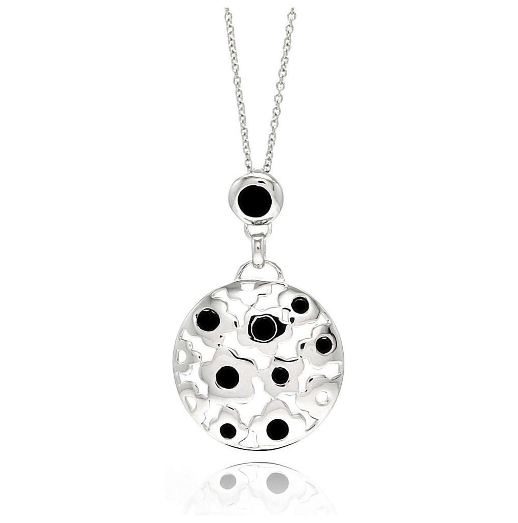 Rhodium Plated Brass Open Flower Disc Black Cz Pendant Necklace