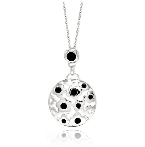 Rhodium Plated Brass Open Flower Disc Black Cz Pendant Necklace