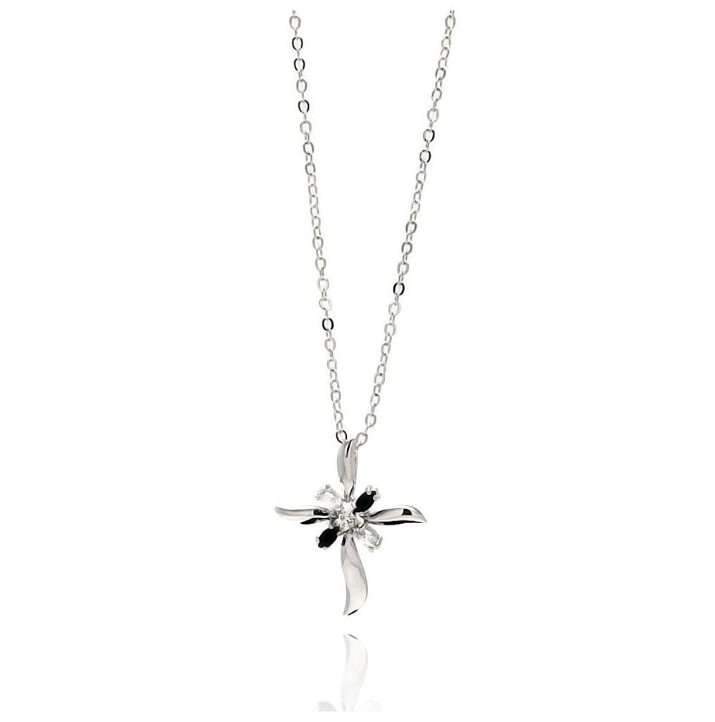 Rhodium Plated Brass Petitie Cross Black & Clear Cz Pendant Necklace