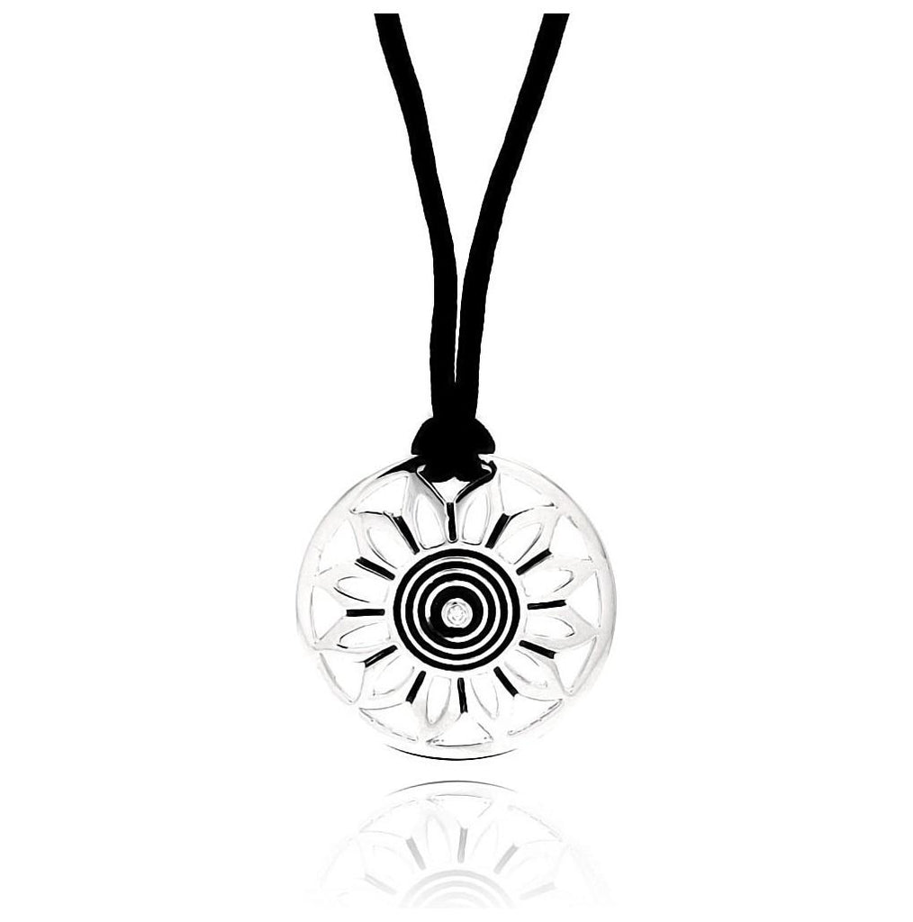 Rhodium Plated Brass Sun Disc Clear Center Cz Black Cord Pendant Necklace