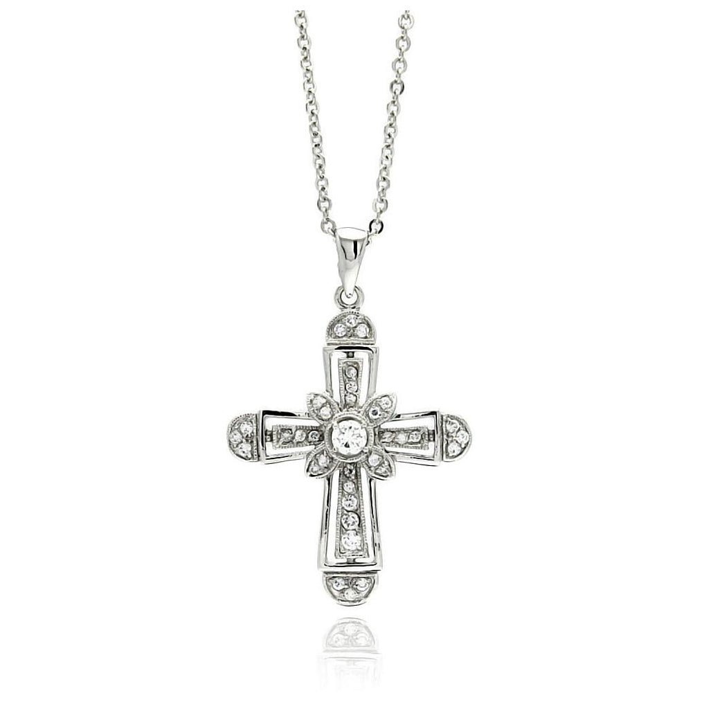 Rhodium Plated Brass Cross Round Clear Cz Pendant Necklace