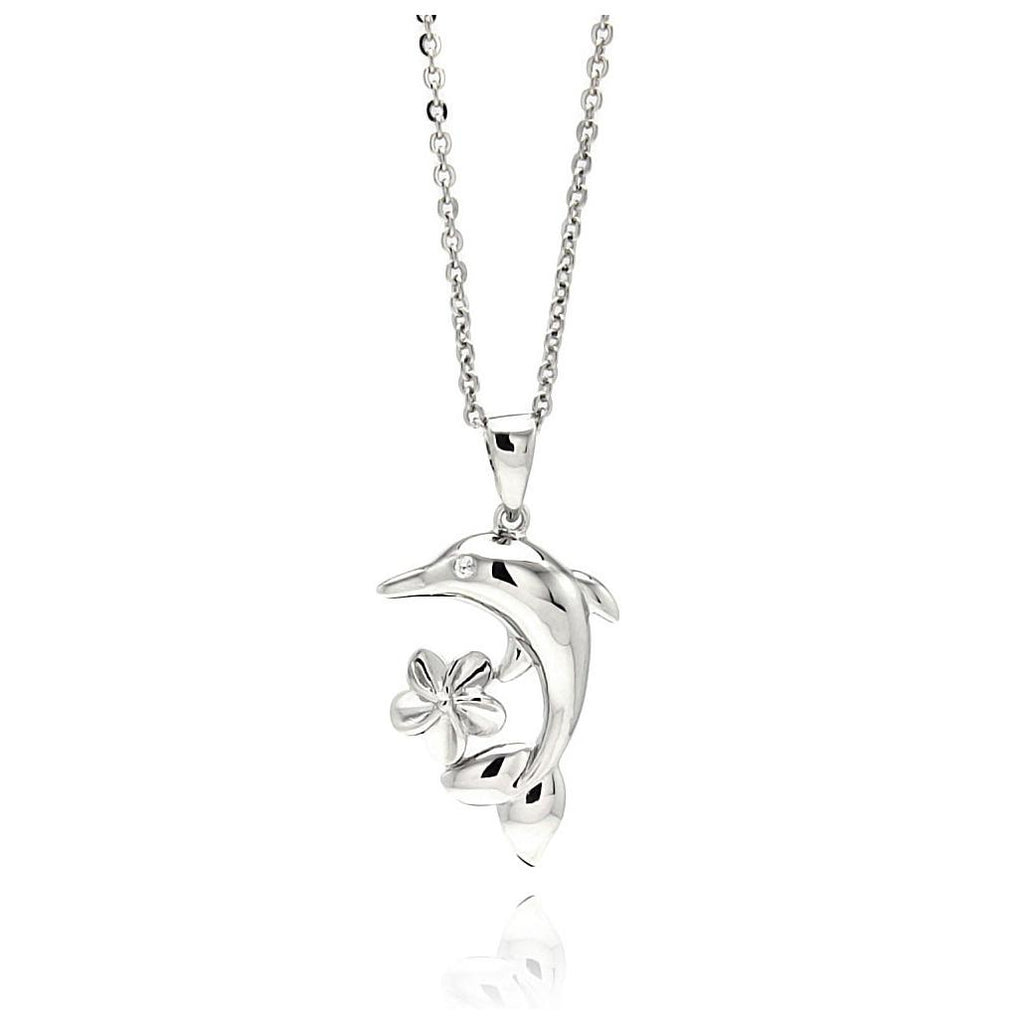 Rhodium Plated Brass Dolphin Flower Clear Cz Pendant Necklace