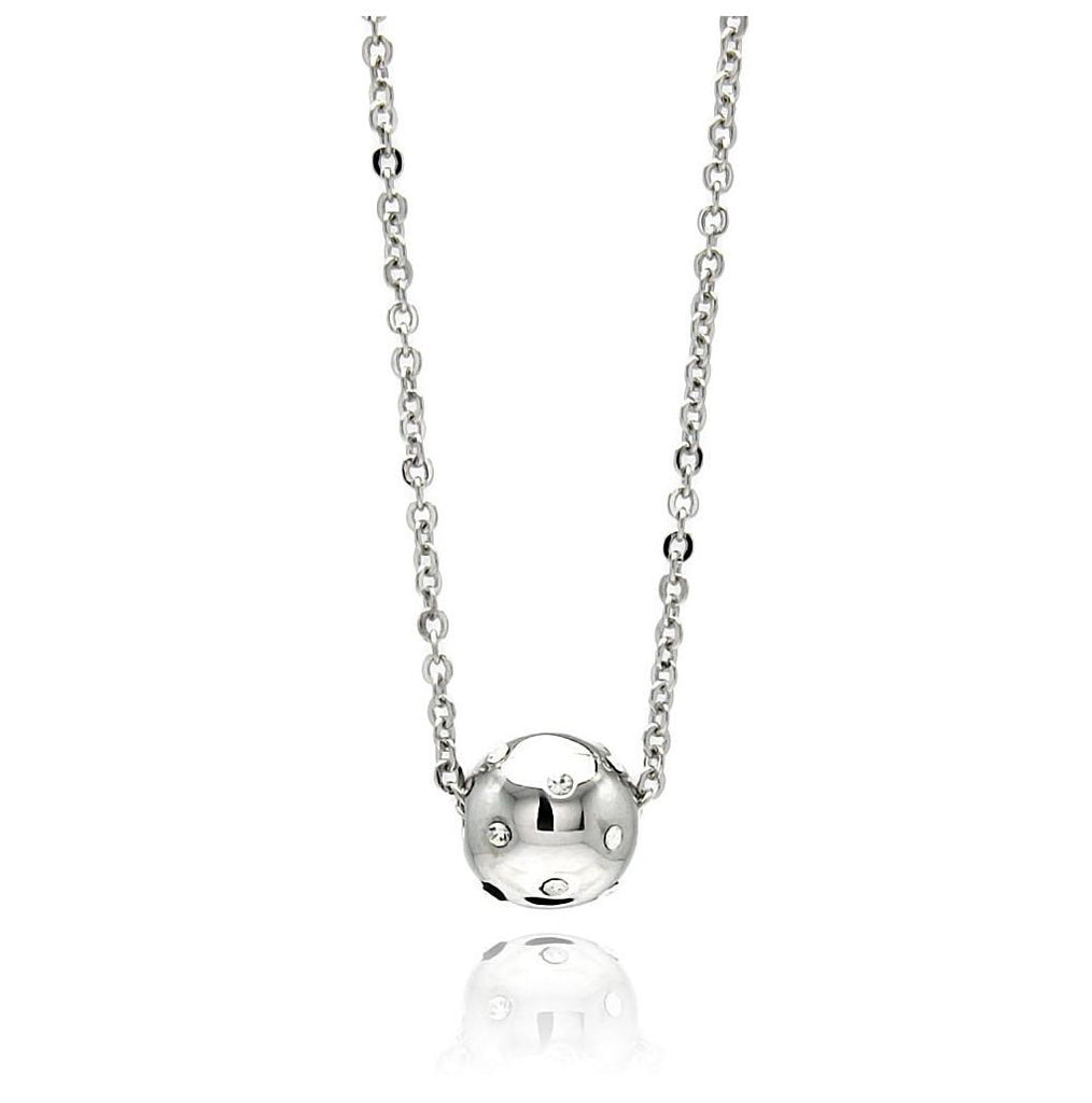 Rhodium Plated Brass Bead Clear Cz Pendant Necklace