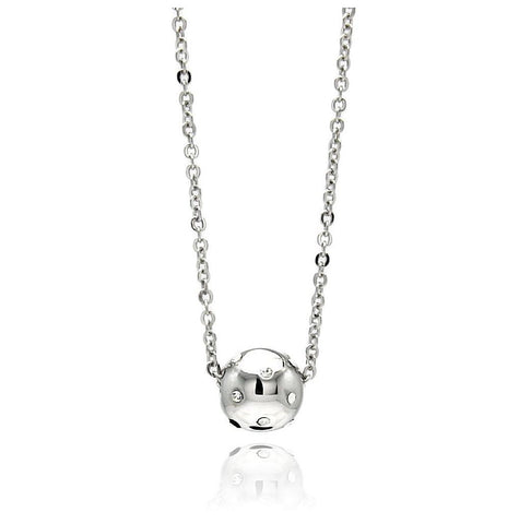 Rhodium Plated Brass Bead Clear Cz Pendant Necklace