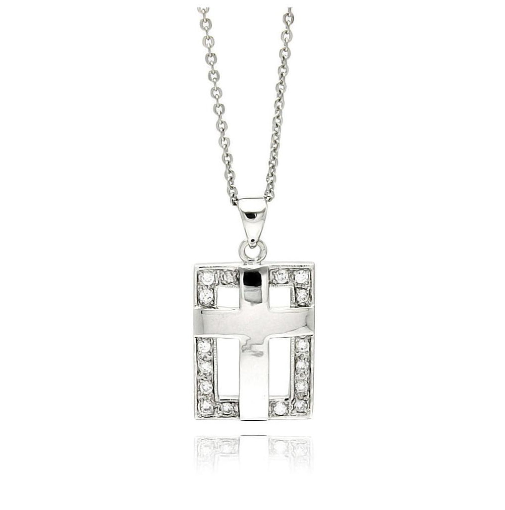 Rhodium Plated Brass Cross Square Clear Cz Pendant Necklace