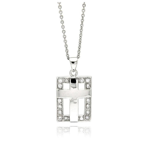 Rhodium Plated Brass Cross Square Clear Cz Pendant Necklace