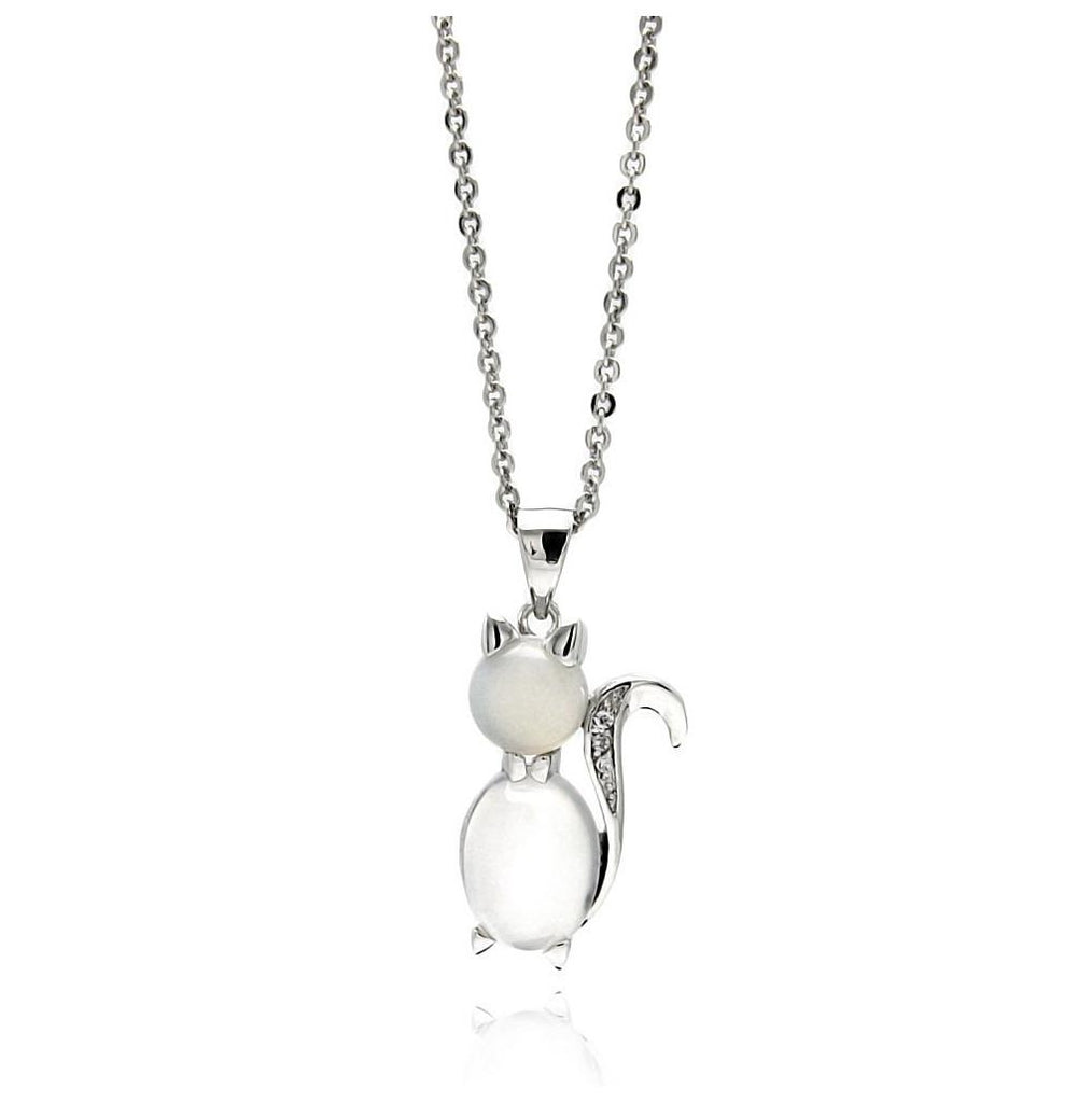 Rhodium Plated Brass White Stone Cat Clear Cz Pendant Necklace