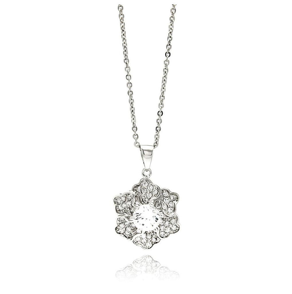 Rhodium Plated Brass Snowflake Flower Clear Cz Pendant Necklace