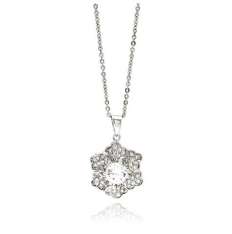 Rhodium Plated Brass Snowflake Flower Clear Cz Pendant Necklace