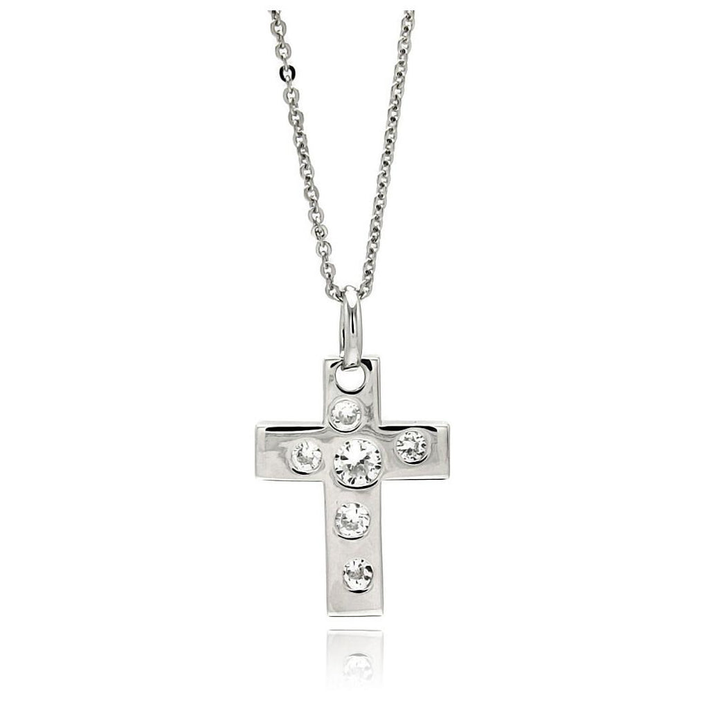 Rhodium Plated Brass Cross Clear Inlay Cz Pendant Necklace