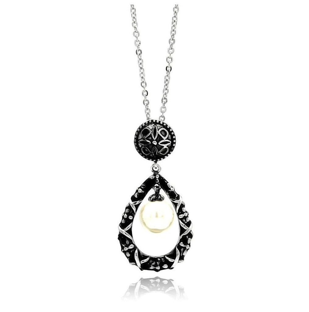 Rhodium & Black Rhodium Plated Brass Open Teardrop Pearl Black Cz Pendant Necklace