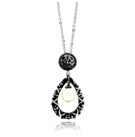 Rhodium & Black Rhodium Plated Brass Open Teardrop Pearl Black Cz Pendant Necklace