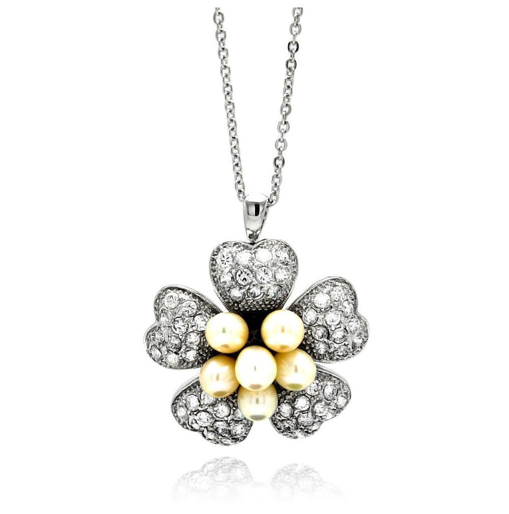 Rhodium Plated Brass Flower Pearl Clear Cz Pendant Necklace