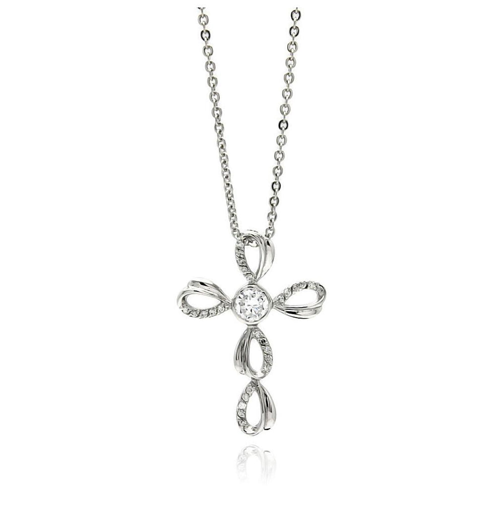 Rhodium Plated Brass Open Twist Cross Clear Cz Pendant Necklace