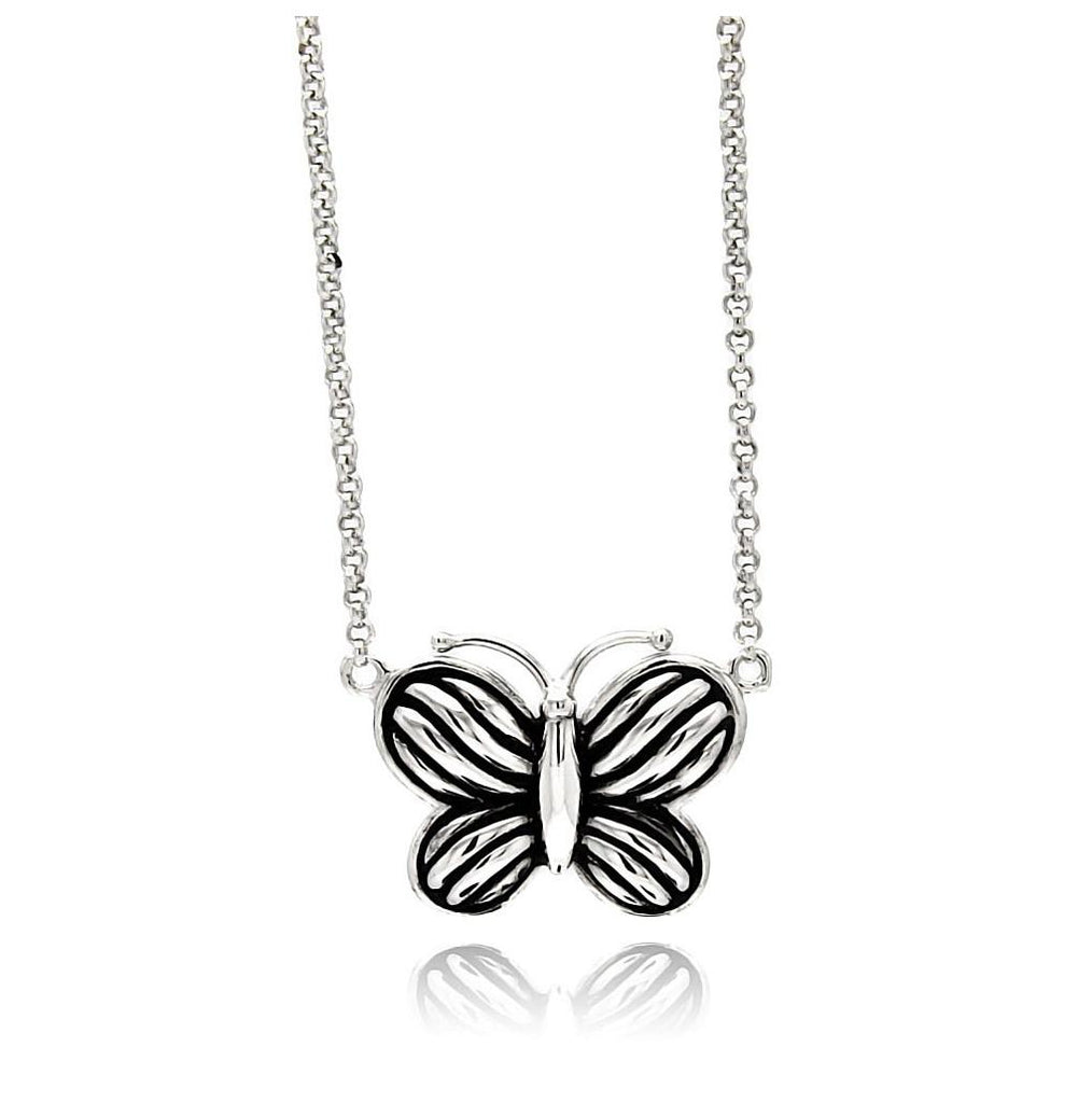 Rhodium Plated Brass Stripe Butterfly Pendant Necklace