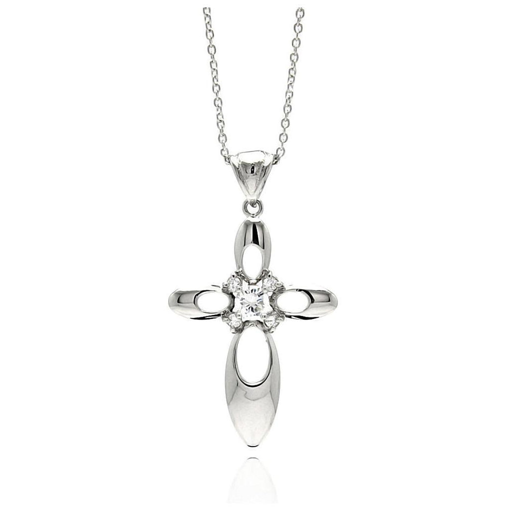 Rhodium Plated Brass Open Cross Clear Center Cz Pendant Necklace