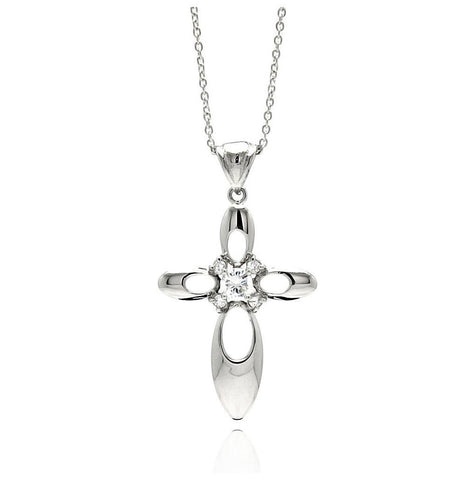 Rhodium Plated Brass Open Cross Clear Center Cz Pendant Necklace