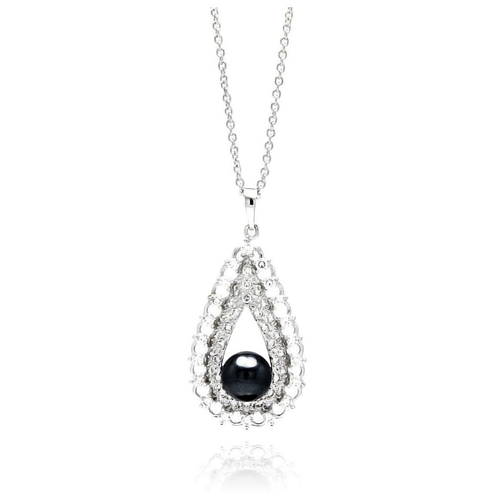 Rhodium Plated Brass Open Teardrop Black Pearl Clear Cz Pendant Necklace