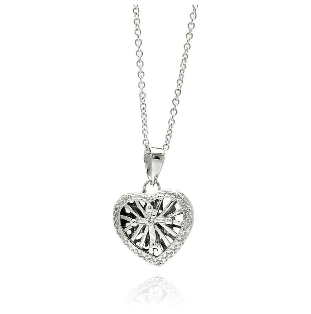 Rhodium Plated Brass Heart Clear Cz Locket Pendant Necklace