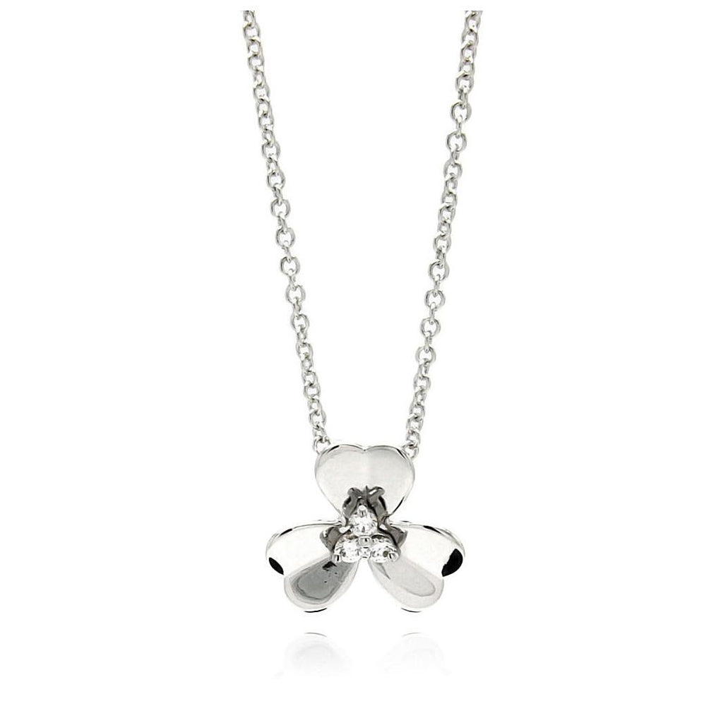 Rhodium Plated Brass Petitie Flower Clear Cz Pendant Necklace